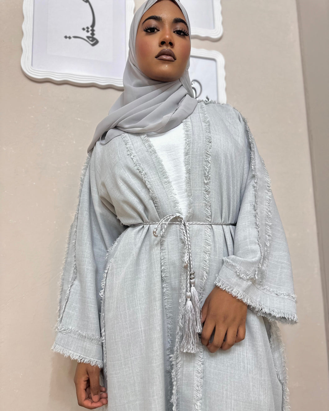 Four-Piece Set: Frayed Linen Abaya & Inner Dress (Grey)