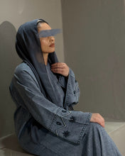 Load image into Gallery viewer, Linen Blend Abaya with Stunning Handmade Sleeve Embellishment (Denim)
