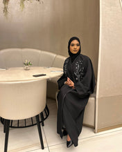 Load image into Gallery viewer, Three-piece Set: Linen Blend Open Butterfly Abaya with Stunning Handmade Embellishment &amp; Inner Dress (Black)
