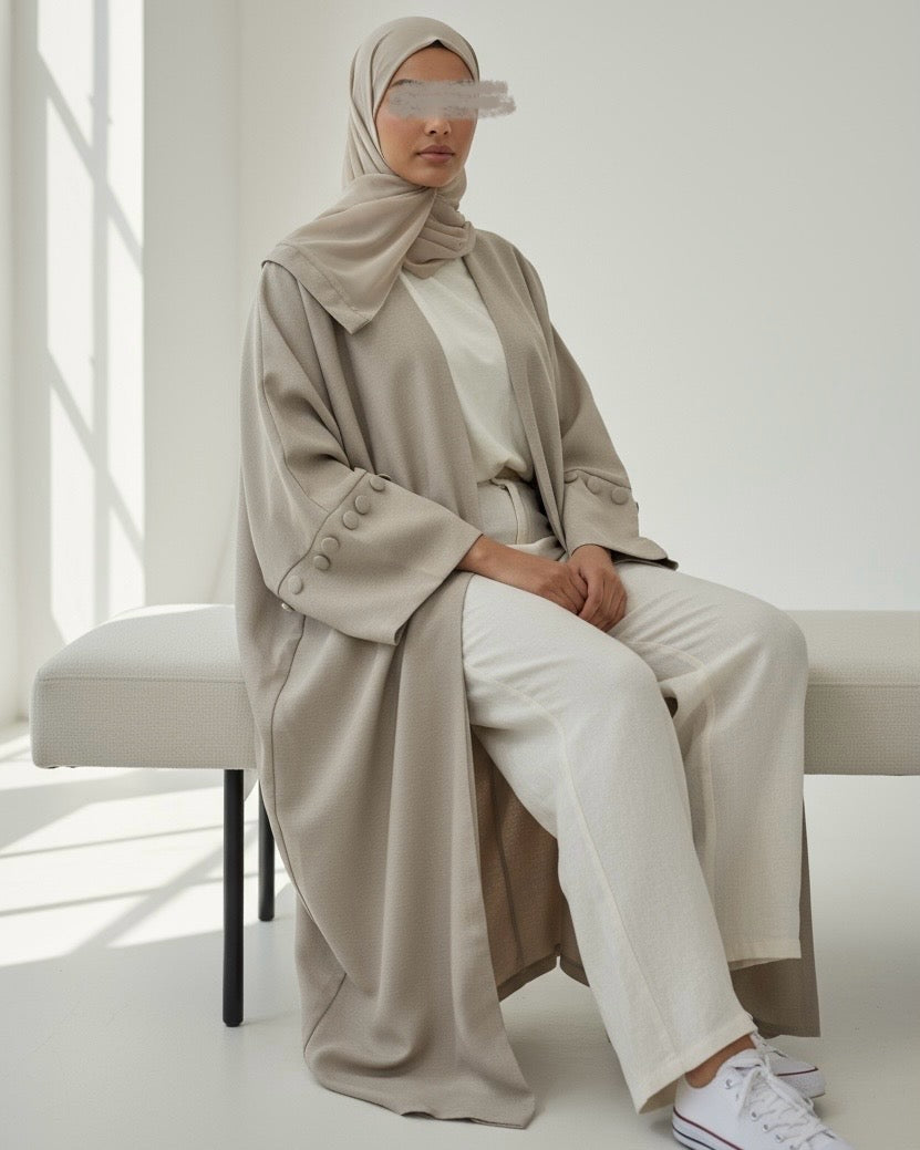 Minimalist Sandstone Beige Linen Abaya | Button Sleeve Design (No Inner Dress)