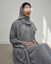 Load image into Gallery viewer, Eid Three-Piece Indian Linen Set: Patterned Abaya in Cloche-Cut, Inner Dress &amp; Hijab (Ash Grey)
