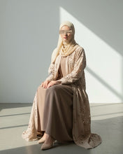 Load image into Gallery viewer, Three-Piece Set: Laser Cut Floral Creponé Abaya, Inner Dress and Hijab (Almond Beige)
