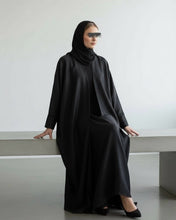 Load image into Gallery viewer, Eid Luxurious Three-Piece Set: Shimmery Butterfly Abaya with Slim Cuffs, Inner Dress &amp; Hijab
