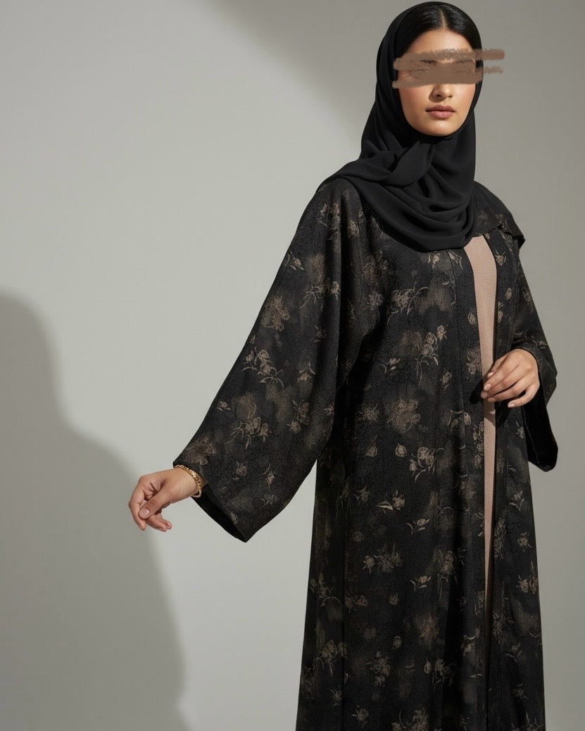 Floral Turkish Jacquard Patterned Abaya Set in Cloche Cut (No Inner Dress)