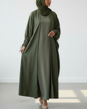 Load image into Gallery viewer, Ramadan Three-Piece Italian Linen Blend Set: Bow-Tied Sleeve Abaya, Inner Dress &amp; Hijab (Olive)

