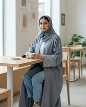 Load image into Gallery viewer, Italian Linen Abaya with Arabic Calligraphy Embroidered Sleeves (Mist Blue)
