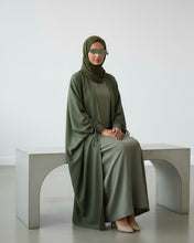 Load image into Gallery viewer, Ramadan Three-Piece Italian Linen Blend Set: Bow-Tied Sleeve Abaya, Inner Dress &amp; Hijab (Olive)
