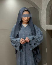 Load image into Gallery viewer, Linen Blend Abaya with Stunning Handmade Sleeve Embellishment (Denim)
