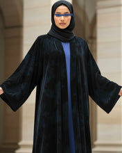 Load image into Gallery viewer, Three-Piece Velvet Set: Floral Abaya, Royal Blue Inner Dress &amp; Hijab

