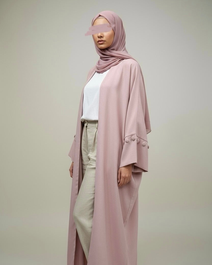 Minimalist Dusty Rose Linen Abaya | Button Sleeve Design (No Inner Dress)