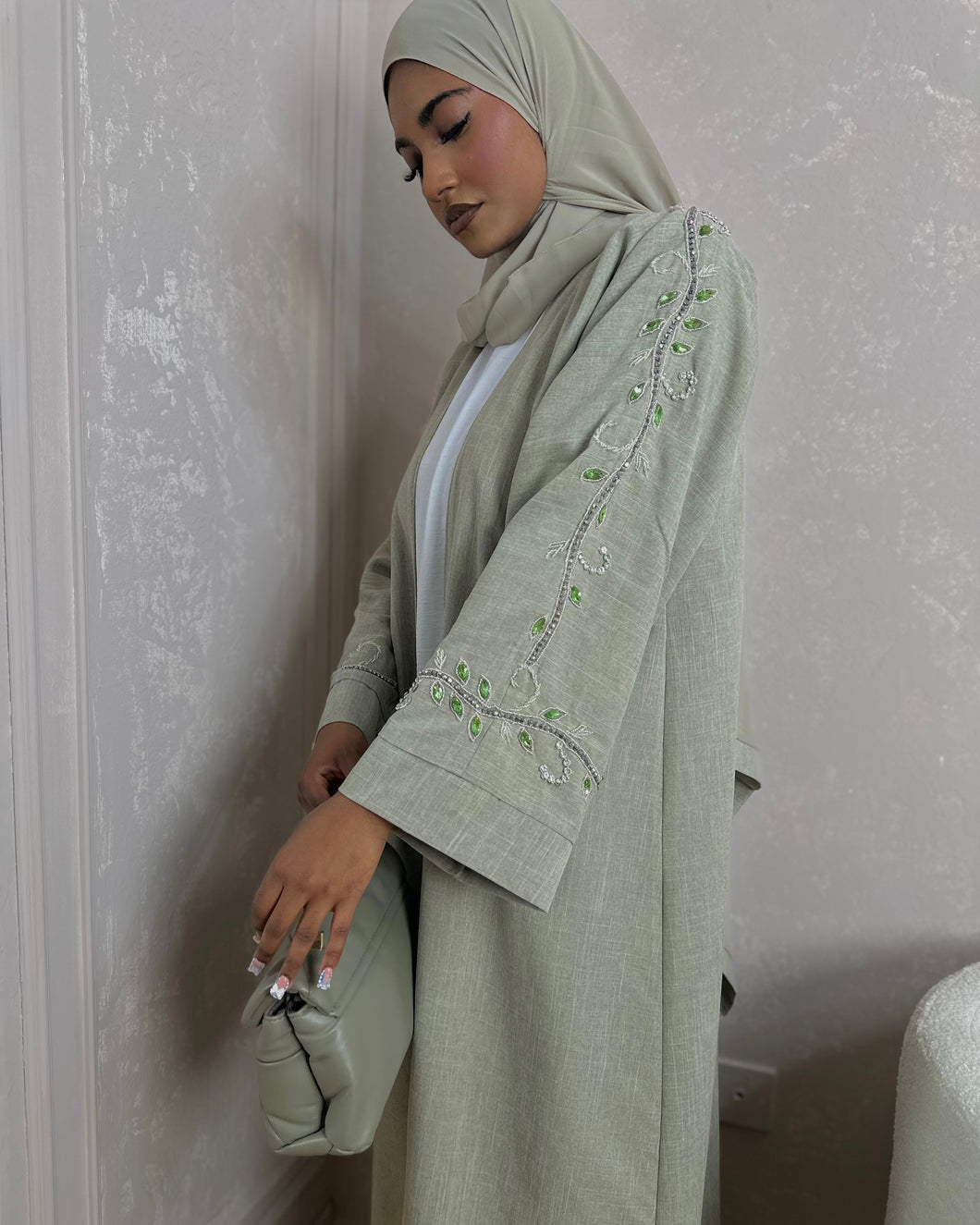 Three-Piece Set: Linen Blend Open Abaya with Stunning Handmade Embroidery & Inner Dress (Pastel Green Fern)