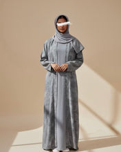 Load image into Gallery viewer, Eid Three-Piece Indian Linen Set: Patterned Abaya in Cloche-Cut, Inner Dress &amp; Hijab (Ash Grey)
