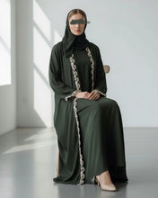 Load image into Gallery viewer, Three-Piece Set: Embroidered Lace Abaya, Inner Dress &amp; Hijab (Deep Olive)
