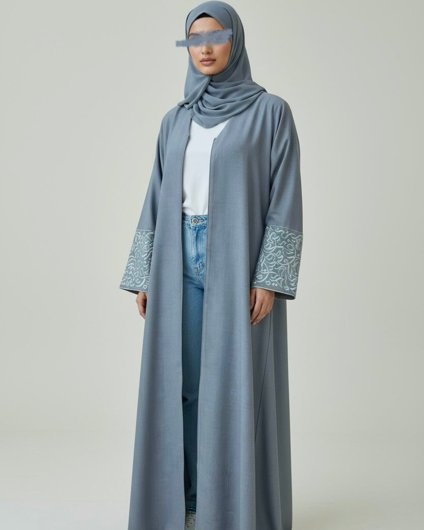 Italian Linen Abaya with Arabic Calligraphy Embroidered Sleeves (Mist Blue)