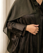Load image into Gallery viewer, Three-Piece Patterned Abaya Set: Abaya with Tulip Sleeves, Inner Dress &amp; Hijab (Dark Khaki)
