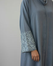 Load image into Gallery viewer, Italian Linen Abaya with Arabic Calligraphy Embroidered Sleeves (Mist Blue)
