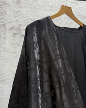 Load image into Gallery viewer, Eid Three-Piece Silk Jacquard Set: Cherry Tree Patterned Abaya, Inner Dress &amp; Hijab (Black)

