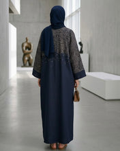 Load image into Gallery viewer, Three-Piece Calligraphy Set: Indian Linen Blend Abaya, Inner Dress &amp; Hijab (Dark Navy)

