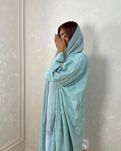 Load image into Gallery viewer, Three-Piece Cotton Set: Broderie Anglais Abaya with Grey Piping &amp; Inner Dress (Mint)
