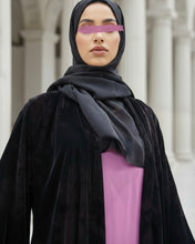 Load image into Gallery viewer, Three-Piece Velvet Set: Floral Abaya, Baby Pink Inner Dress &amp; Hijab

