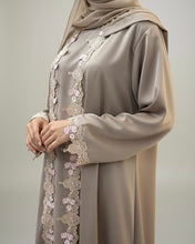 Load image into Gallery viewer, Three-Piece Set: Embroidered Lace Abaya, Inner Dress &amp; Hijab (Taupe Sand)

