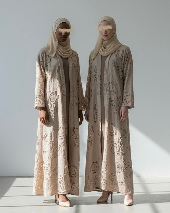 Three-Piece Set: Laser Cut Floral Creponé Abaya, Inner Dress and Hijab (Almond Beige)