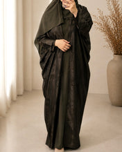 Load image into Gallery viewer, Three-Piece Patterned Abaya Set: Abaya with Tulip Sleeves, Inner Dress &amp; Hijab (Dark Khaki)
