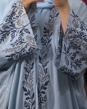 Load image into Gallery viewer, Sky Blue Pure Linen Butterfly Open Abaya with Two-Tone Floral Embroidery (No inner dress)
