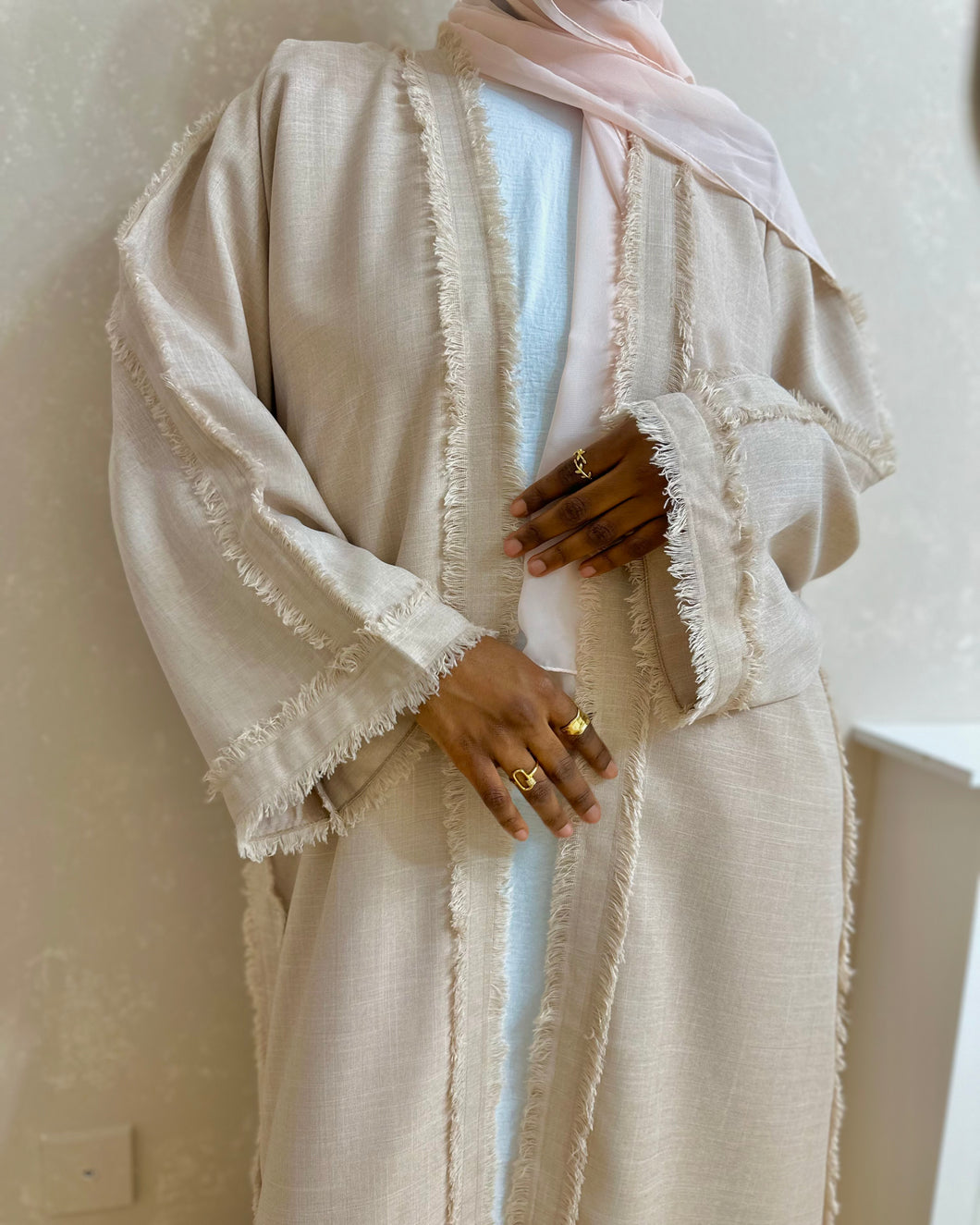 Four-Piece Set: Frayed Linen Blend Abaya & Inner Dress (Nude Beige)