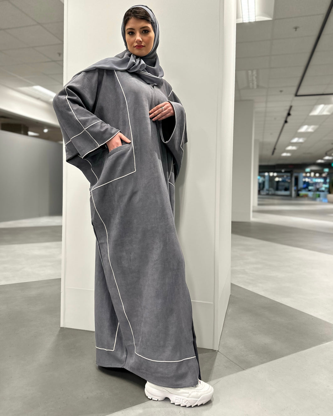 Winter Suede Coat Abaya (Grey)