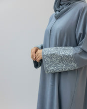 Load image into Gallery viewer, Italian Linen Abaya with Arabic Calligraphy Embroidered Sleeves (Mist Blue)
