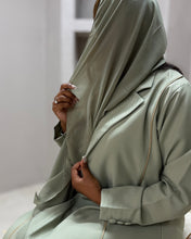 Load image into Gallery viewer, Three-Piece Blazer Set: Collared Abaya, Inner Dress &amp; Hijab (Sage Green)
