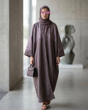 Load image into Gallery viewer, Three-Piece Calligraphy Set: Indian Linen Blend Abaya, Inner Dress &amp; Hijab (Mauve)
