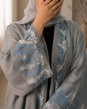 Load image into Gallery viewer, Grey Pure Linen Butterfly Open Abaya with Embroidered Detail | Matching Hijab Included (No Inner Dress)

