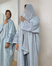Load image into Gallery viewer, Three-Piece Linen Blend Set: Eid Arabic Calligraphy Embroidered Butterfly Abaya &amp; Inner Dress (Grey)
