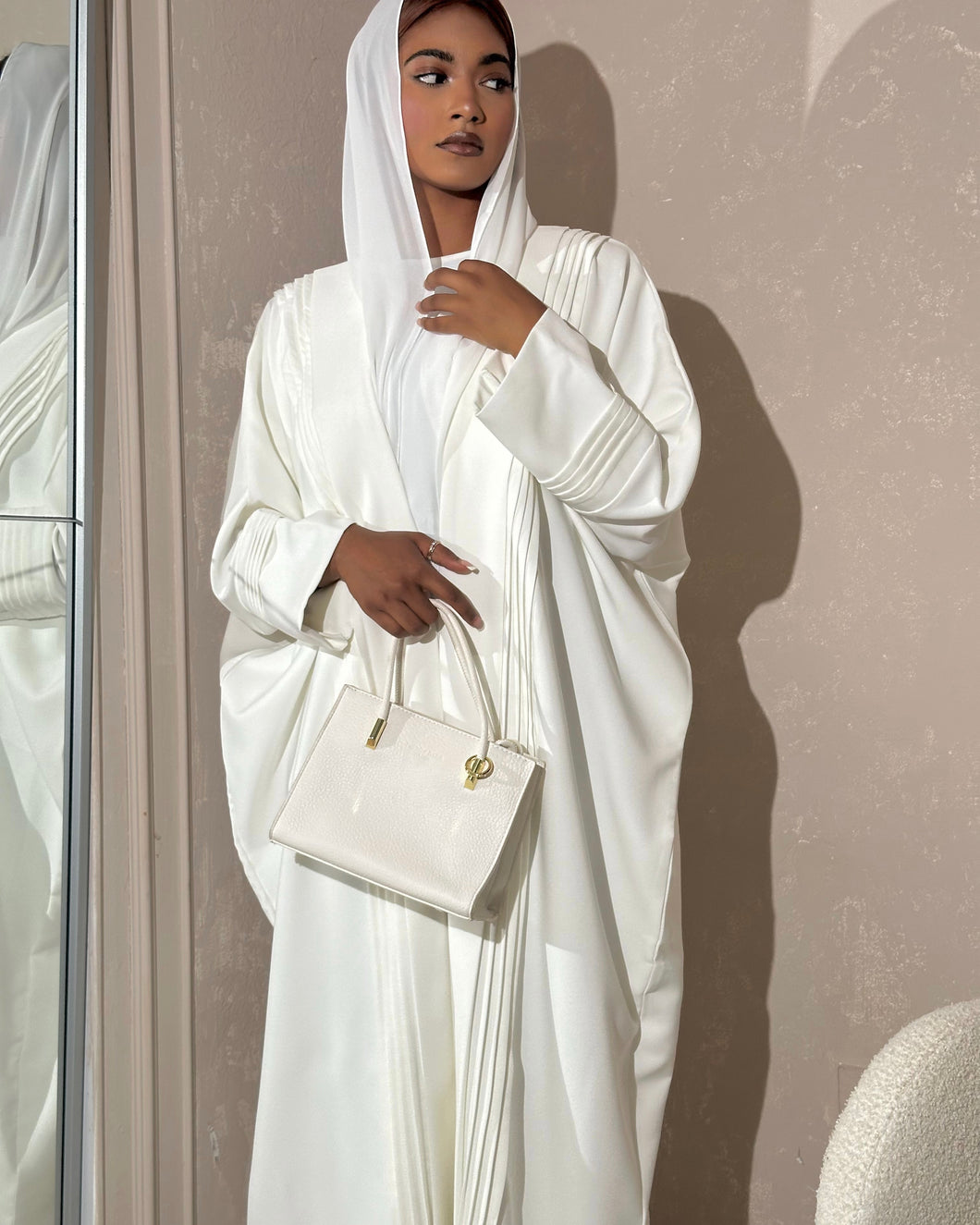 Pleated Butterfly Abaya & Inner Dress (Off-White)
