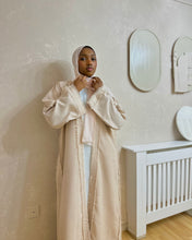 Load image into Gallery viewer, Four-Piece Set: Frayed Linen Blend Abaya &amp; Inner Dress (Nude Beige)

