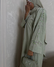 Load image into Gallery viewer, Three-Piece Set: Linen Blend Open Abaya with Stunning Handmade Embroidery &amp; Inner Dress (Pastel Green Fern)
