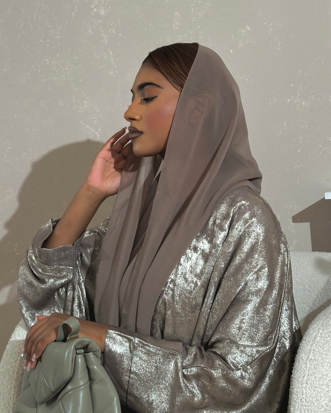Three-Piece Set: Metallic Patterned Bisht & Silky Inner Dress (Taupe)