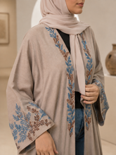 Load image into Gallery viewer, Pure Linen Butterfly Open Abaya with Embroidered Detail | Matching Hijab Included (No Inner Dress)
