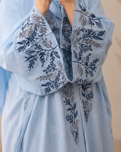 Load image into Gallery viewer, Sky Blue Pure Linen Butterfly Open Abaya with Two-Tone Floral Embroidery (No inner dress)

