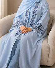 Load image into Gallery viewer, Sky Blue Pure Linen Butterfly Open Abaya with Two-Tone Floral Embroidery (No inner dress)
