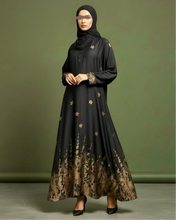 Load image into Gallery viewer, Eid Statement Gold Floral Patterned Abaya in Cloche-Cut
