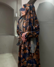 Load image into Gallery viewer, Soft Satin Flowery Patterned Abaya in Cloche Cut (Navy)
