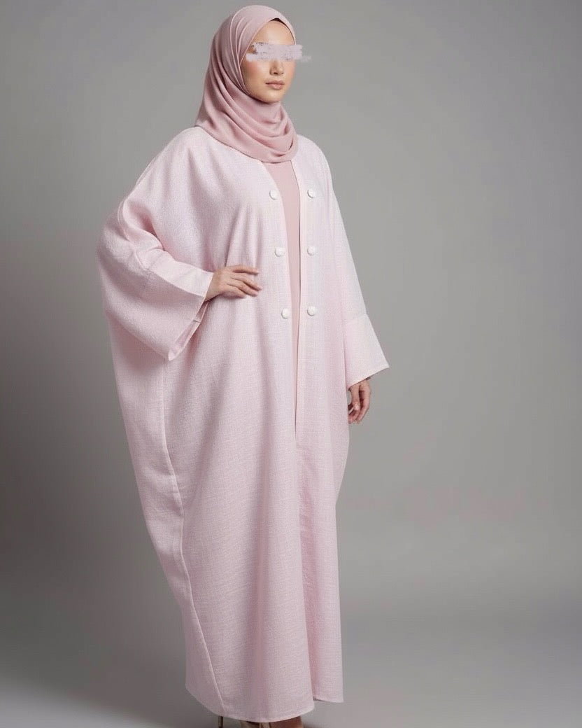 Patterned Linen Open Butterfly Abaya in Soft Candy Pink (No Inner Dress)