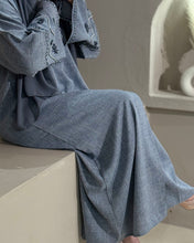 Load image into Gallery viewer, Linen Blend Abaya with Stunning Handmade Sleeve Embellishment (Denim)
