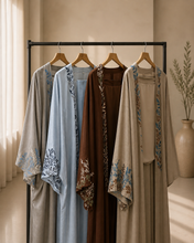 Load image into Gallery viewer, Sky Blue Pure Linen Butterfly Open Abaya with Two-Tone Floral Embroidery (No inner dress)
