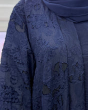 Load image into Gallery viewer, Three-Piece Textured Abaya Set: Laser Cut Abaya, Inner Dress &amp; Hijab (Navy)
