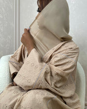 Load image into Gallery viewer, Three-Piece Cotton Set: Broderie Anglais Abaya with Lilac Piping &amp; Inner Dress (Beige)

