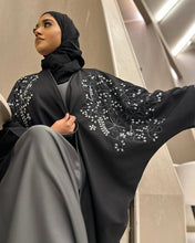 Load image into Gallery viewer, Three-piece Set: Linen Blend Open Butterfly Abaya with Stunning Handmade Embellishment &amp; Inner Dress (Black)
